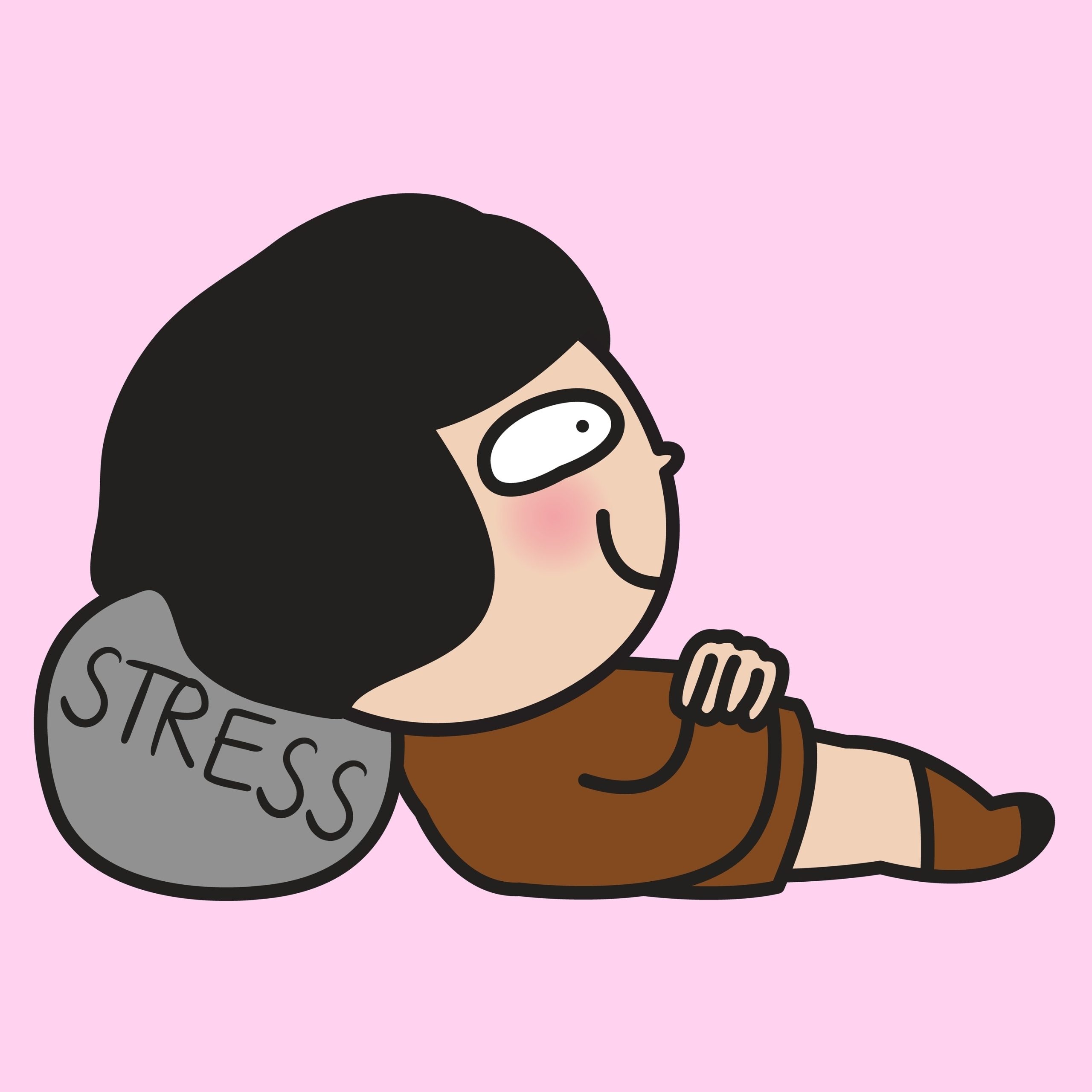 Rajz, nő fekszik egy stressz feliratú párnán stresszkezelés