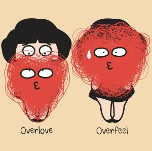 túlszeretett, elutasított érzelmi páros piros szív és gubanc rajzzal